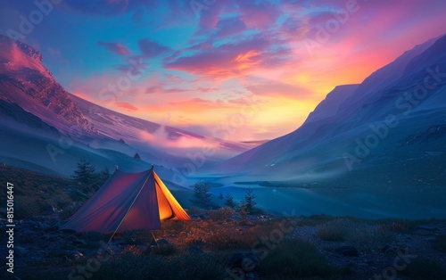Camping at dawn beside a misty valley under a vibrant sky.
