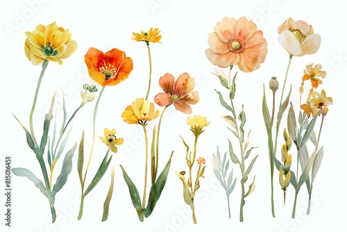 Digital image of wildflowers in watercolor set of five flowers, high quality, high resolution