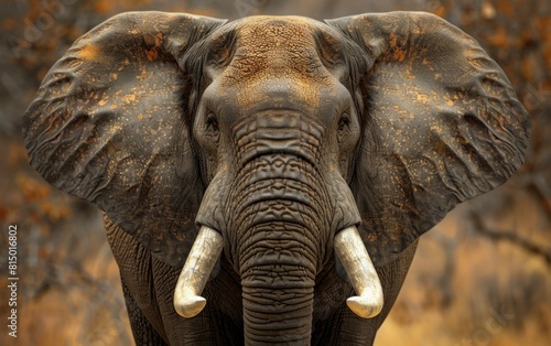 Close-up of a majestic elephant with large tusks and textured skin.