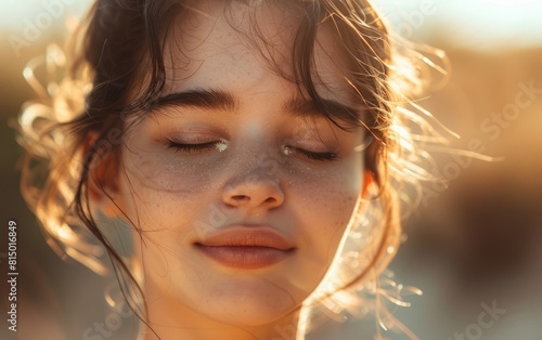 Close-up of a serene young woman with closed eyes in soft sunlight.