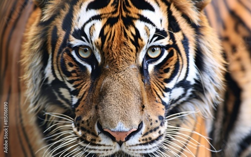 Close-up of a tiger s face  highlighting intense eyes and striped fur.