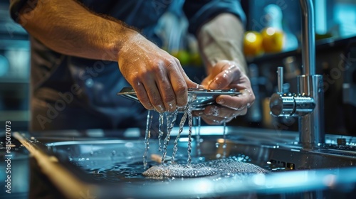 Close-up of a plumber hands installing a modern kitchen sink. photo