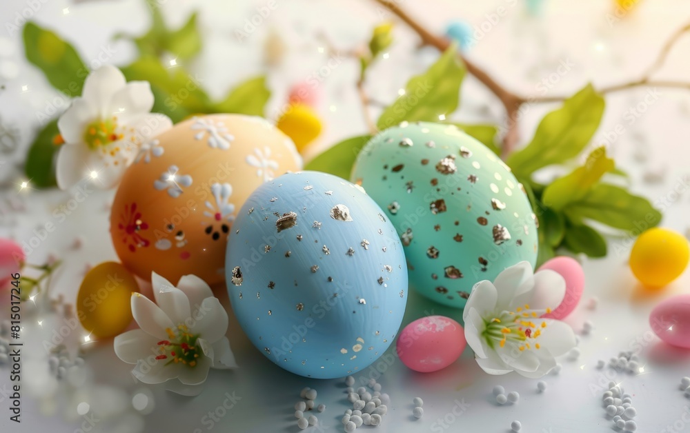 Colorful Easter eggs and spring flowers on a white background.
