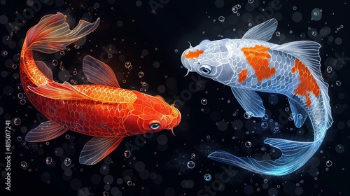 Two outlined low-polygon vector illustrations depict a white koi carp fish. Hand-drawn with precision  these illustrations offer a unique take on aquatic life.