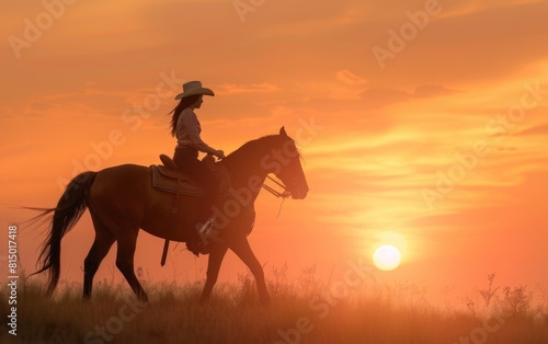 Cowgirl rides horse at sunset, silhouette against orange sky.