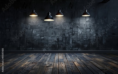 Dark room with wooden floor lit by three hanging lights.