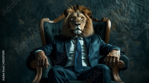 Regal lion with a human body dressed in a sharp business suit sitting authoritatively in an ornate chair