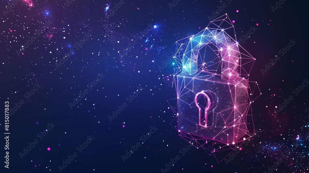 A polygonal notebook and lock with a starry sky illustrating a digital data security concept. Low poly wireframe. illustration. Online data encryption concept. Starry sky consists of points, A polygonal notebook and lock with a starry sky illustrating a digital data security concept. Low poly wireframe. illustration. Online data encryption concept. Starry sky consists of points,