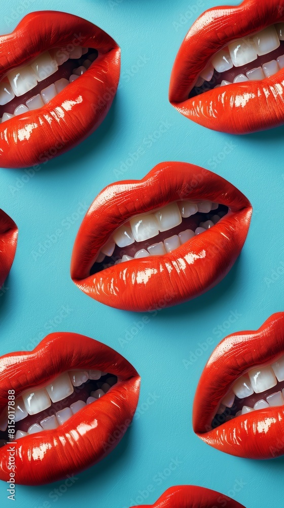 Obraz premium pattern made of red lips and white teeth on blue background. Pop art concept for various use