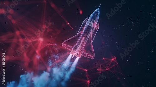 A striking depiction of a glowing, abstract space shuttle launch, complete with dynamic smoke effects, rendered in low poly wireframe on a dark, tech-inspired background hyper realistic 