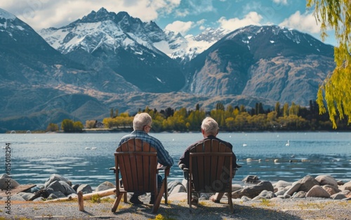 Elderly couple enjoying serene lakefront with mountain backdrop.
