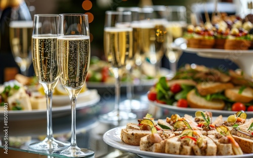 Elegant buffet with champagne flutes and gourmet appetizers.
