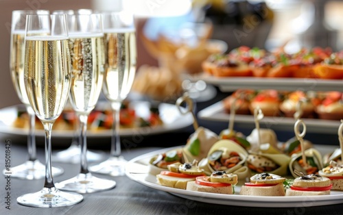 Elegant buffet with champagne flutes and gourmet appetizers.