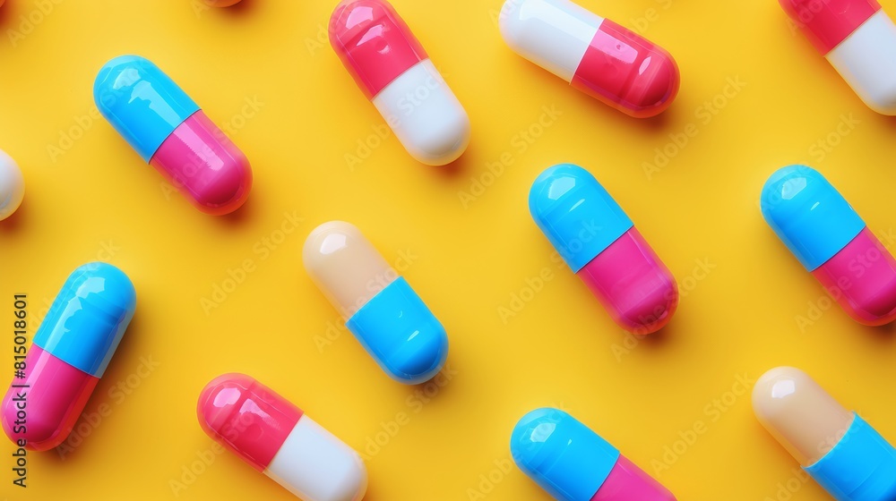 Vibrant close up of assorted medication pills and capsules in flatlay composition Vibrant close up of assorted medication pills and capsules in flatlay composition