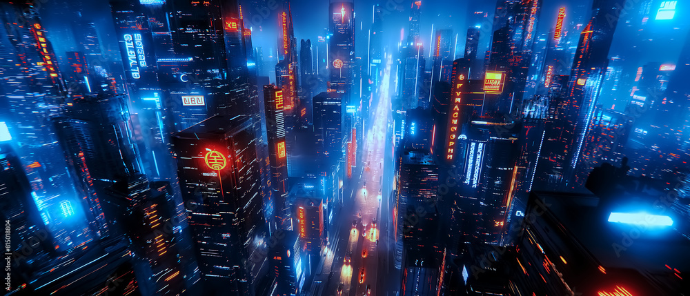 Obraz premium Banner drone view perspecticve night time main street in the city in sci-fi tone , 3d illustration