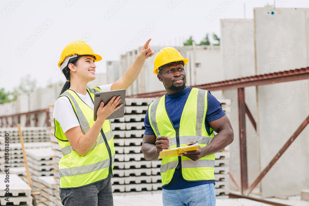 Engineer smart women working contact with African black worker in Precast concrete casting manufacturing company site inspector Engineer smart women working contact with African black worker in Precast concrete casting manufacturing company site inspector