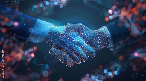 Abstract brothers handshake on pc monitor background. Online best deal or digital business. Low poly wireframe with polygons, particles, lines, and dots. hyper realistic  photo