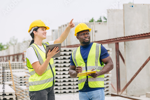 Engineer smart women working contact with African black worker in Precast concrete casting manufacturing company site inspector