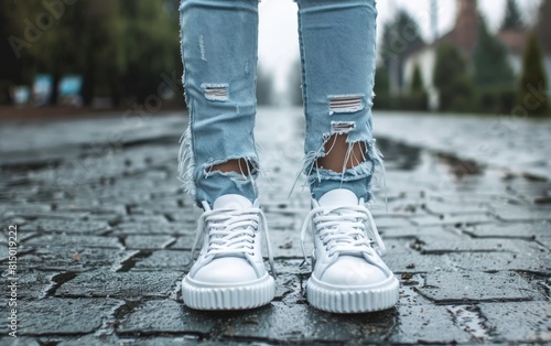 Frayed light blue jeans and chunky white sneakers on a paved street.