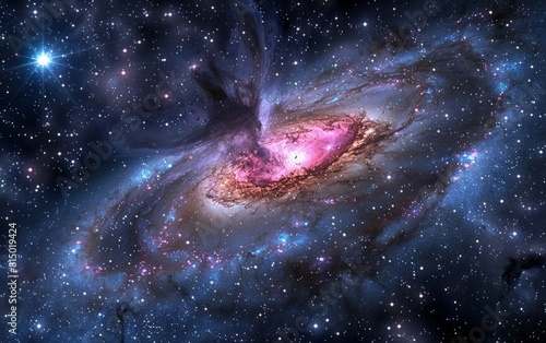 Galactic core gleaming with vivid pink and blue hues amidst stars.