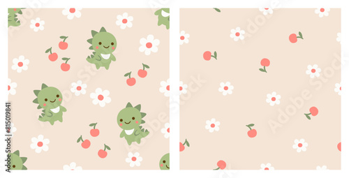 Cute dinosaur with cherry and flower seamless pattern. Kid design. Surface vector design.