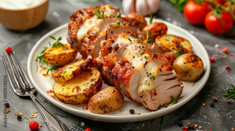 Pork baked in thin slices in the oven, with round slices of potatoes, topped with melted cheese, round slices of tomatoes and cream. Pork baked in thin slices in the oven, with round slices of potatoes, topped with melted cheese, round slices of tomatoes and cream.