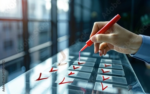 Hand marking checkboxes with a red marker on a transparent surface. photo