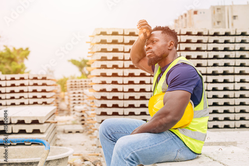 Cuadro en lienzo Tired stress hard worker feel bad sweating from hot weather in sunny day outdoor, Black African people global warming impact