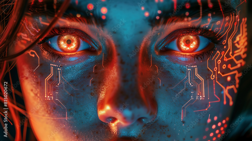 Portrait of a woman's face with glowing red eyes and a circuit board ...