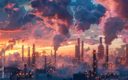 Industrial complex at dusk with smoke and vibrant clouds.