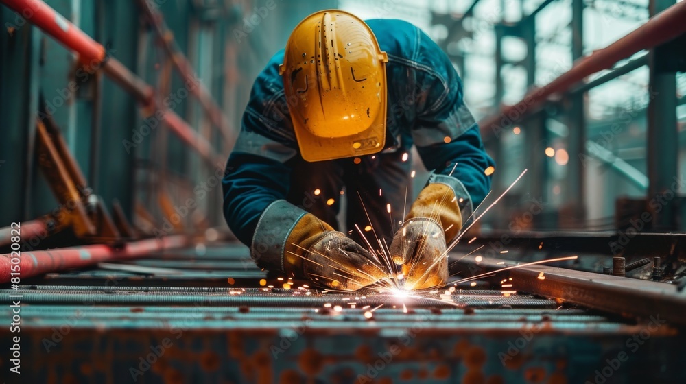 A welder working on the steel frame of a new high-rise building. A welder working on the steel frame of a new high-rise building.