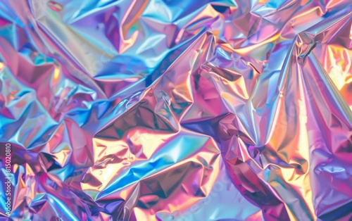 Iridescent crumpled foil with luminous pastel reflections.