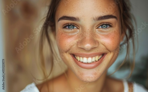 Joyful young woman with a radiant smile and glowing skin.