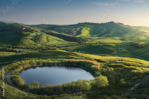 Small lake in the hills of the Crete Senesi at sunset. Tuscany, Italy
