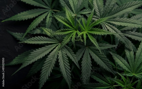 Lush cannabis plant leaves against a dark background.