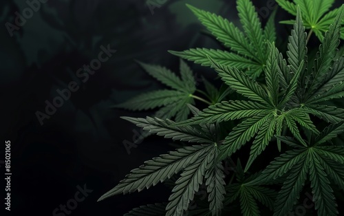 Lush cannabis plant leaves against a dark background.