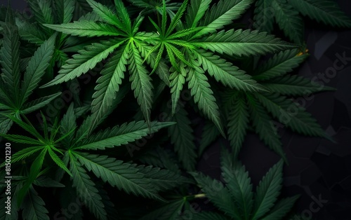 Lush green cannabis leaves against a dark background.