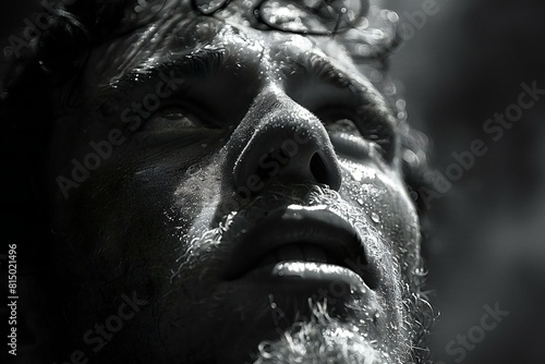 Portrait of a man with a beard and wet hair   Black and white