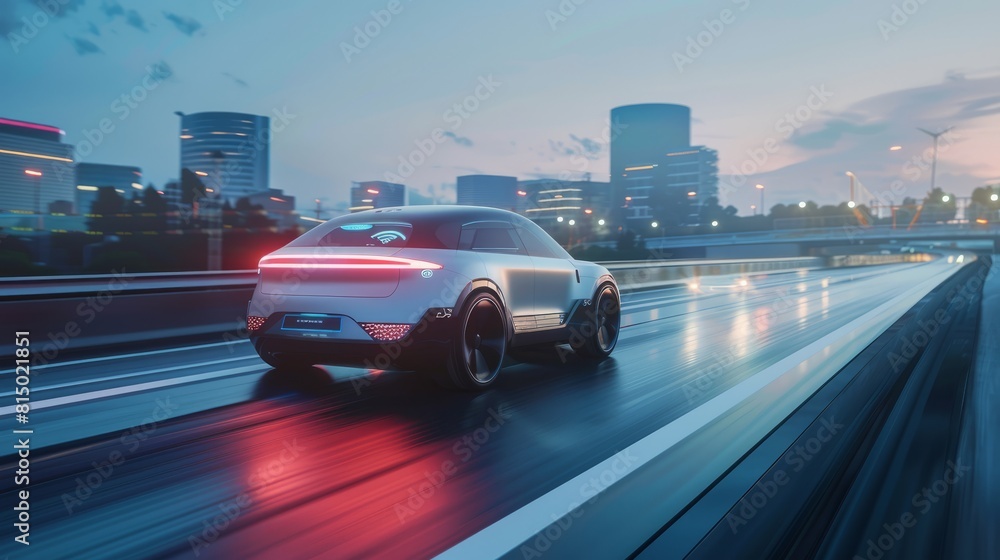 Autonomous electric car driving on a smart road - stock photography hyper realistic 