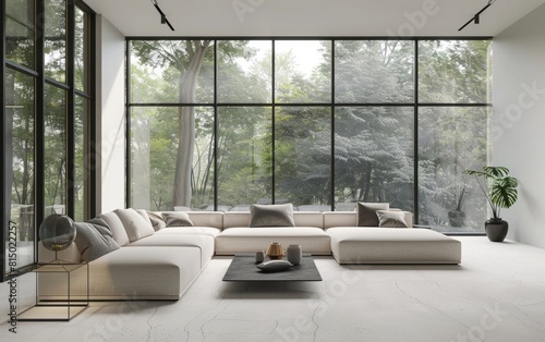 Modern living room with large windows, lush sofa, and minimalist decor. © OLGA