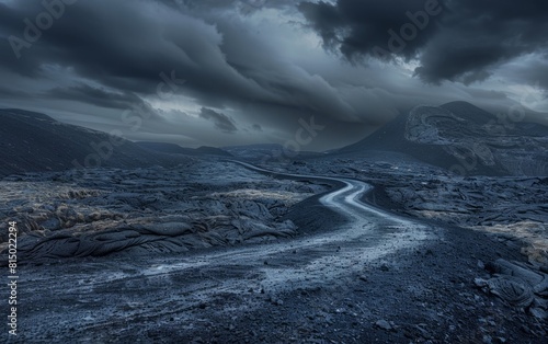 Moody  volcanic landscape with winding road under stormy skies.