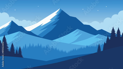 Horizontal Winter Landscape. Mountains fir tree forest in distant. Flat color vector Illustration. stock illustration