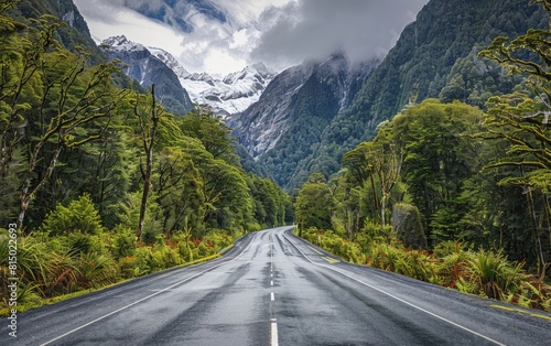 Open road flanked by lush forests and majestic snow-capped mountains.
