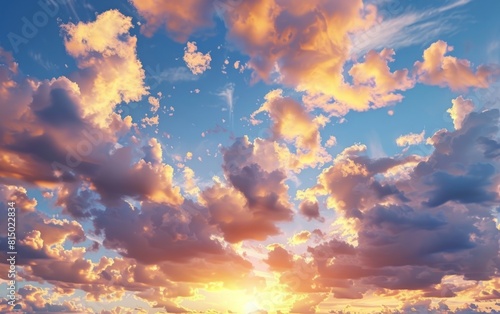 Panoramic sky at sunset with vibrant clouds and golden hues.