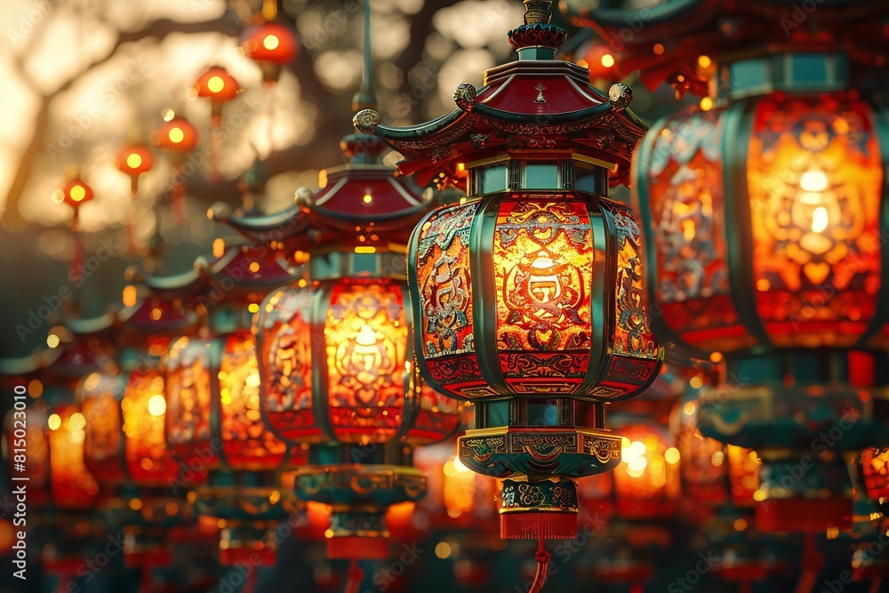 Depicting a  group of red and yellow lanterns with chinese characters
