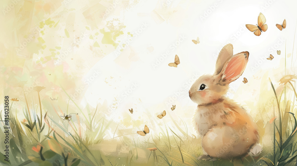 Whimsical Watercolor Rabbit and Butterflies in Pastel Sunny Clearing Whimsical Watercolor Rabbit and Butterflies in Pastel Sunny Clearing