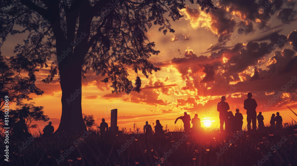 Fototapeta premium Memorial Day Tribute at Sunset with Silhouetted Figures at War Memorial