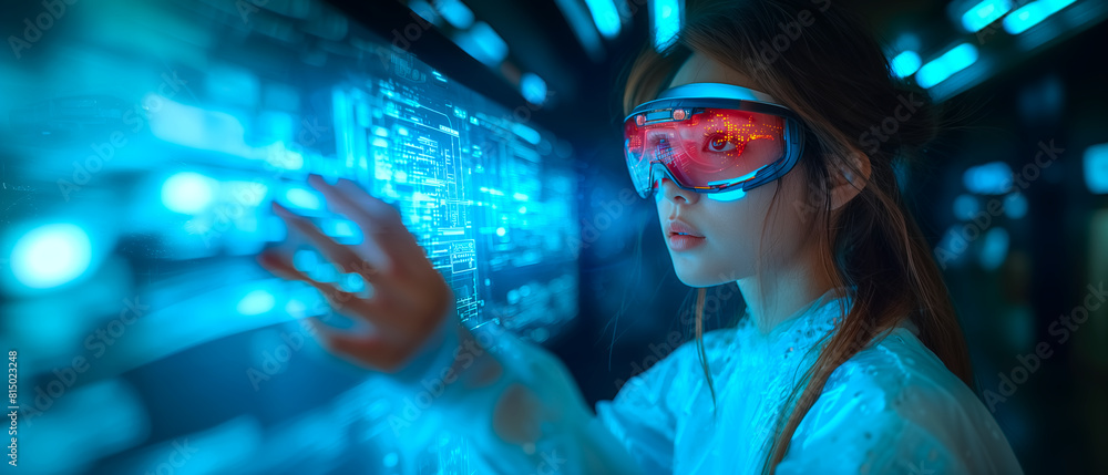 Close-up view of asian woman wearing VR glasses in cyberspace, graphics reflected on the front of the glasses. Future technology concept Close-up view of asian woman wearing VR glasses in cyberspace, graphics reflected on the front of the glasses. Future technology concept