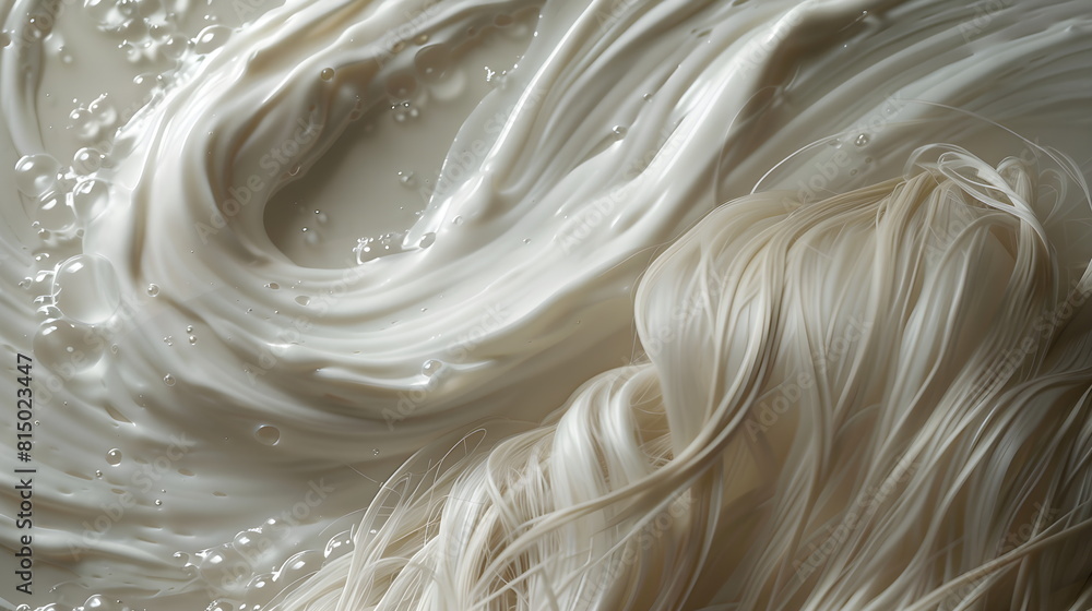 Platinum blonde hair with creamy white hair conditioner foam dyed blonde. Close-up, top view. White hair background or texture, shampoo texture Platinum blonde hair with creamy white hair conditioner foam dyed blonde. Close-up, top view. White hair background or texture, shampoo texture