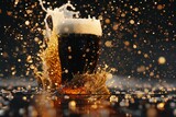 Frosty glass of dark beer with splashes on black background